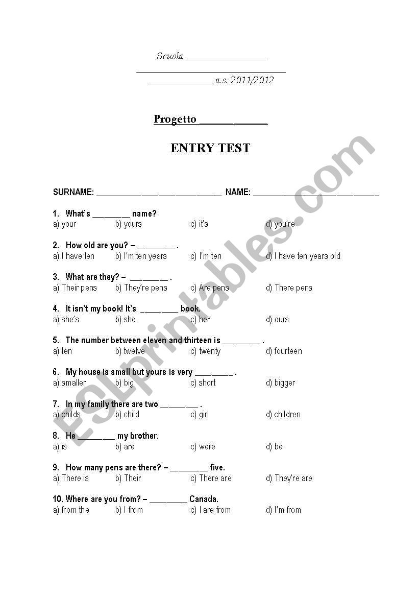 a very quick entry test multiple choice