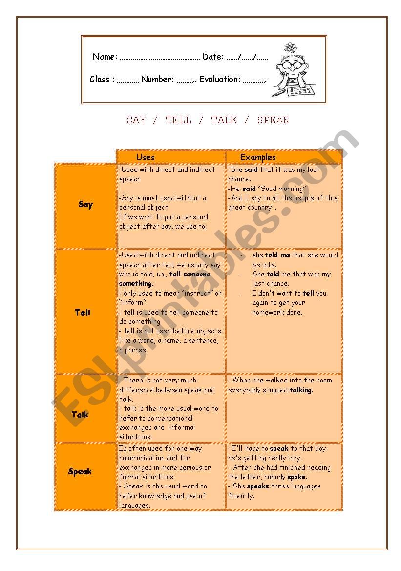 SAY / TELL / TALK / SPEAK  worksheet