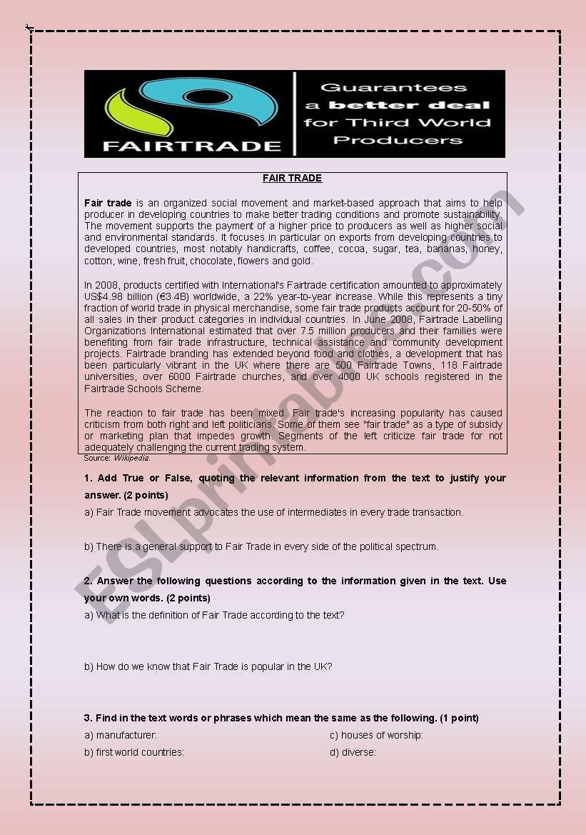 Fair Trade Reading Comprehension Vocabulary And Grammar Exercises And Writing Task Key Included Esl Worksheet By Ange410