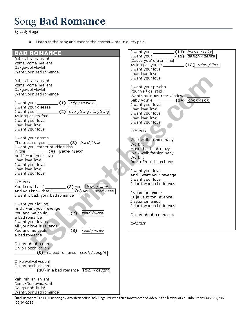 Bad Romance - Lady Gaga worksheet