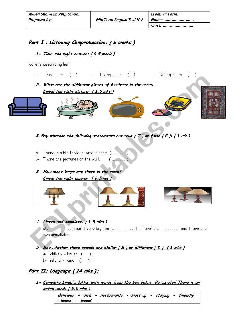 Mid-Term English Test N2 worksheet