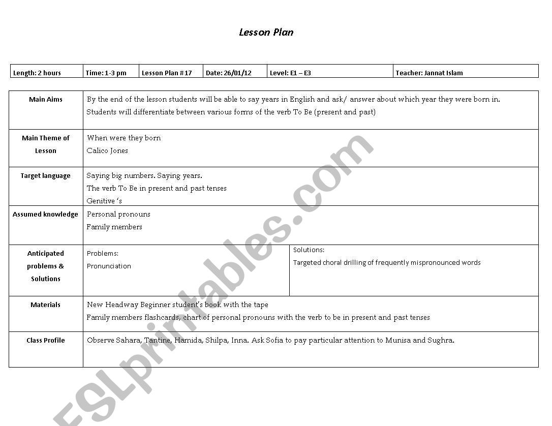 Lesson Plan verb To Be years worksheet