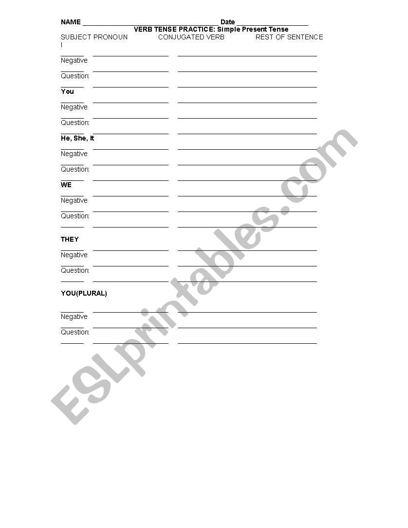 Simple Present Tense Verb  Practice: declarative, negative, question