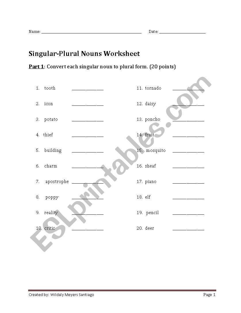Plural Nouns Worksheet (regular & irregular)