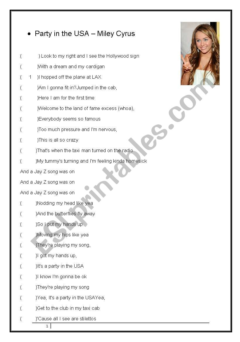 Party in the USA Miley Cyrus worksheet