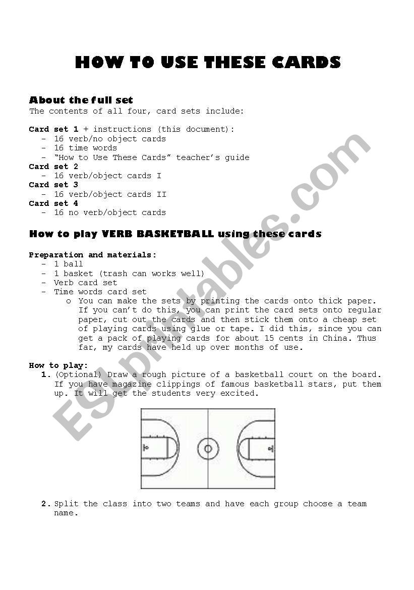 Verb basketball game - Card Set 1/4 and instructions