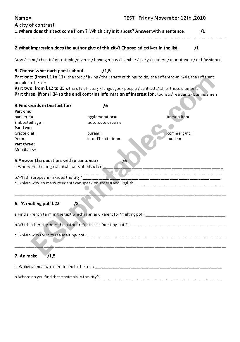 CITY of  CONTRAST worksheet