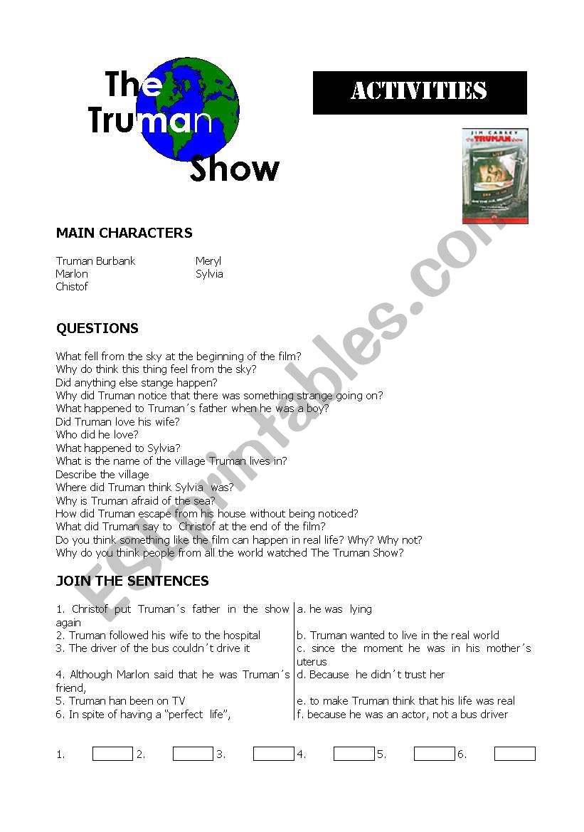 truman show activities worksheet