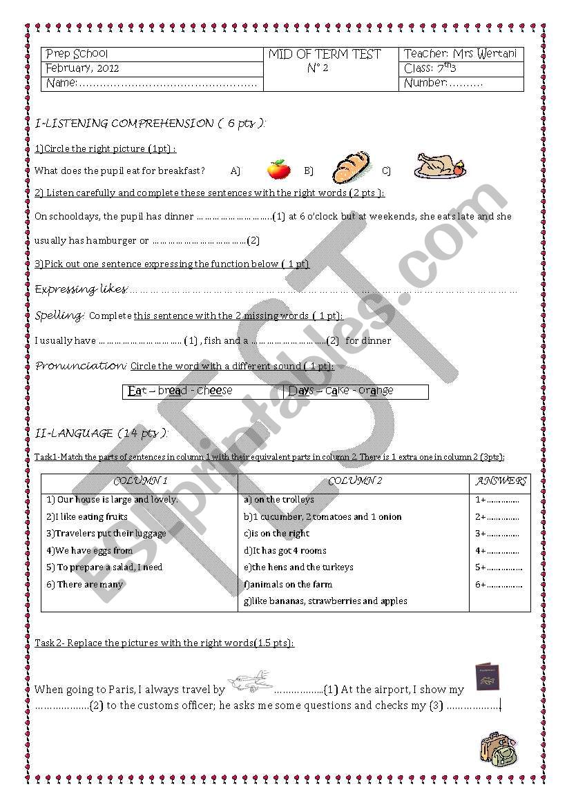 mid of term test 2 for the 7th form