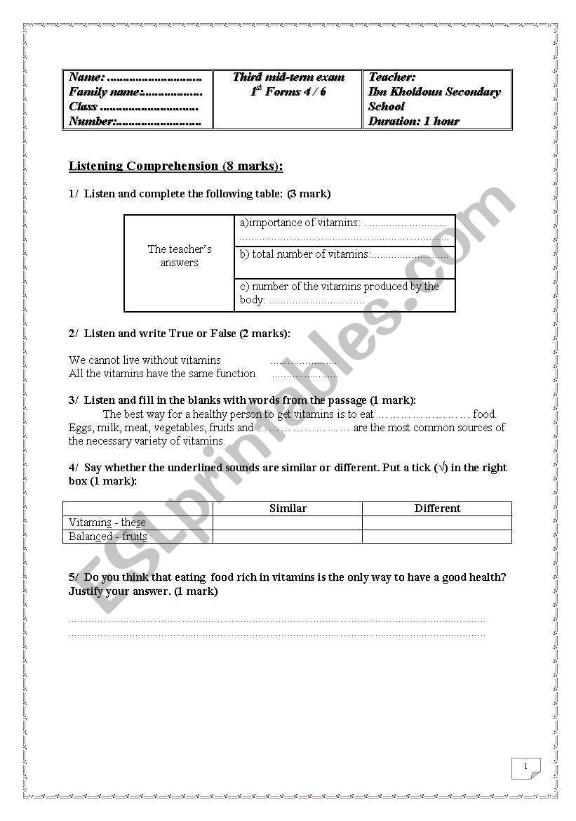 1st form 3rd mid term exam worksheet