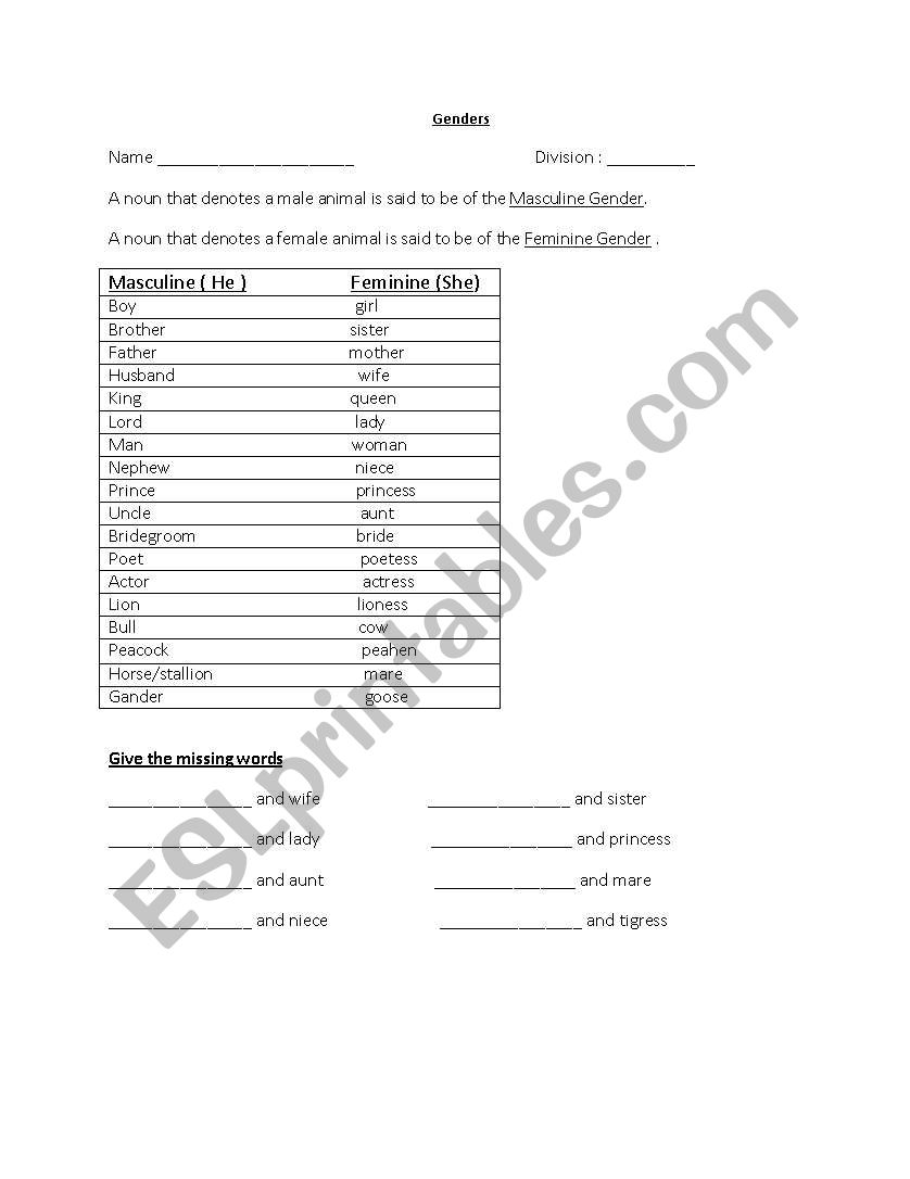 genders worksheet