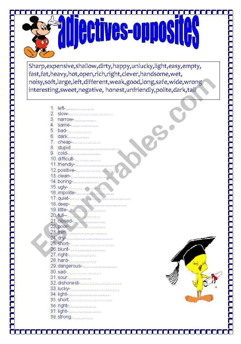 ADJECTIVES  FIND OPPOSITES  worksheet