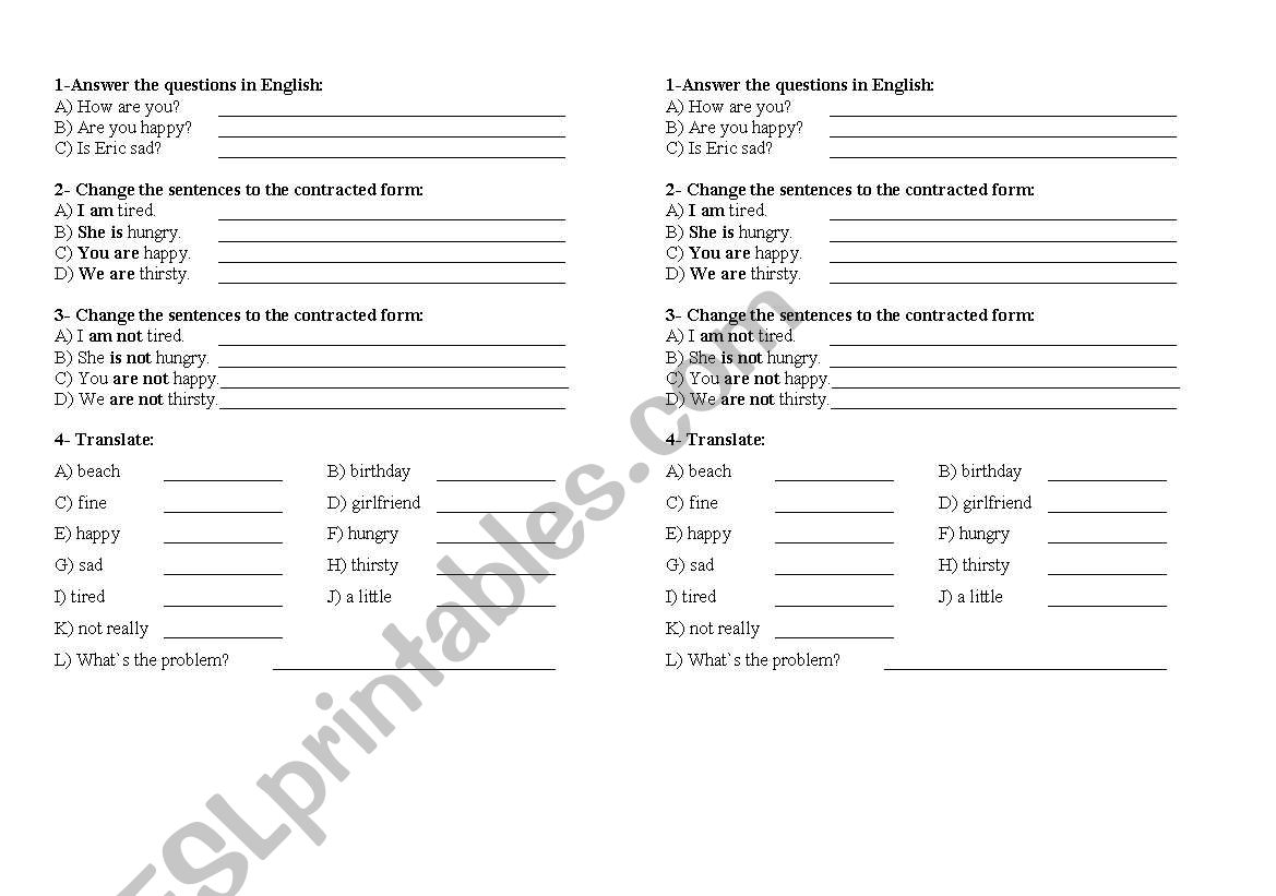 REVIEW 4 6TH GRADE, VERB TO BE AFF, NEG, CONTRACTED FORM, ANSWER QUESTIONS, VOCABULARY