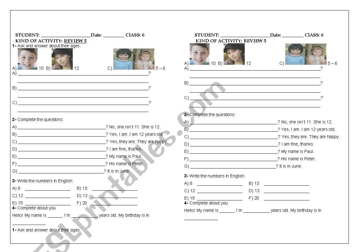 REVIEW 5 6TH GRADE, NUMBERS, AGE, YES, NO, WH QUESTIONS