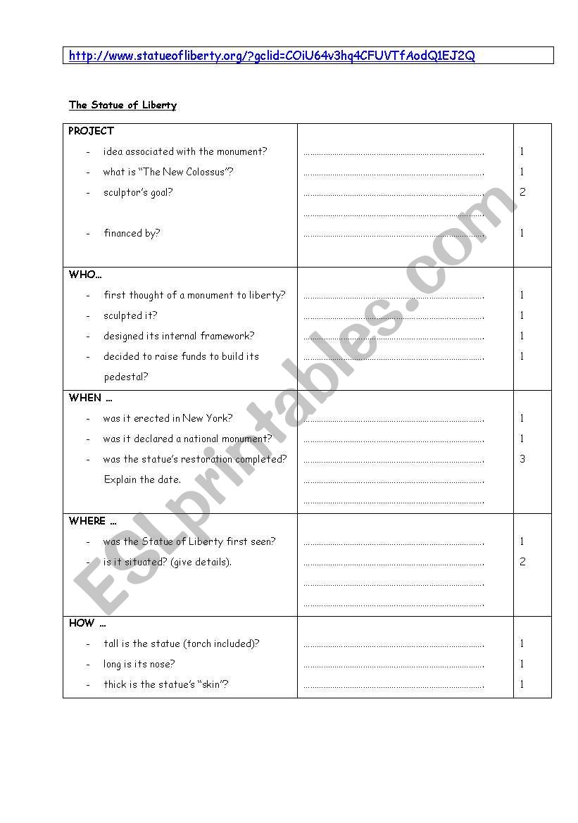 Statue of Liberty worksheet