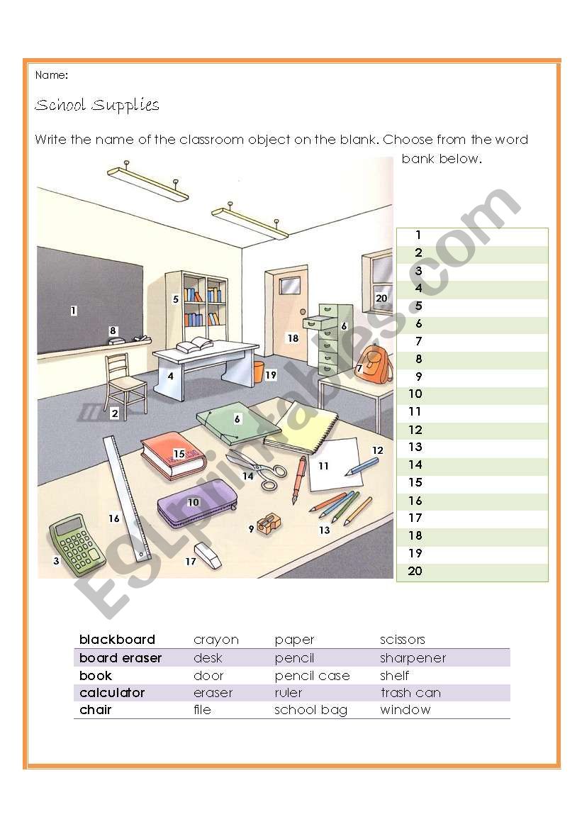 CLASSROOM SUPPLIES worksheet