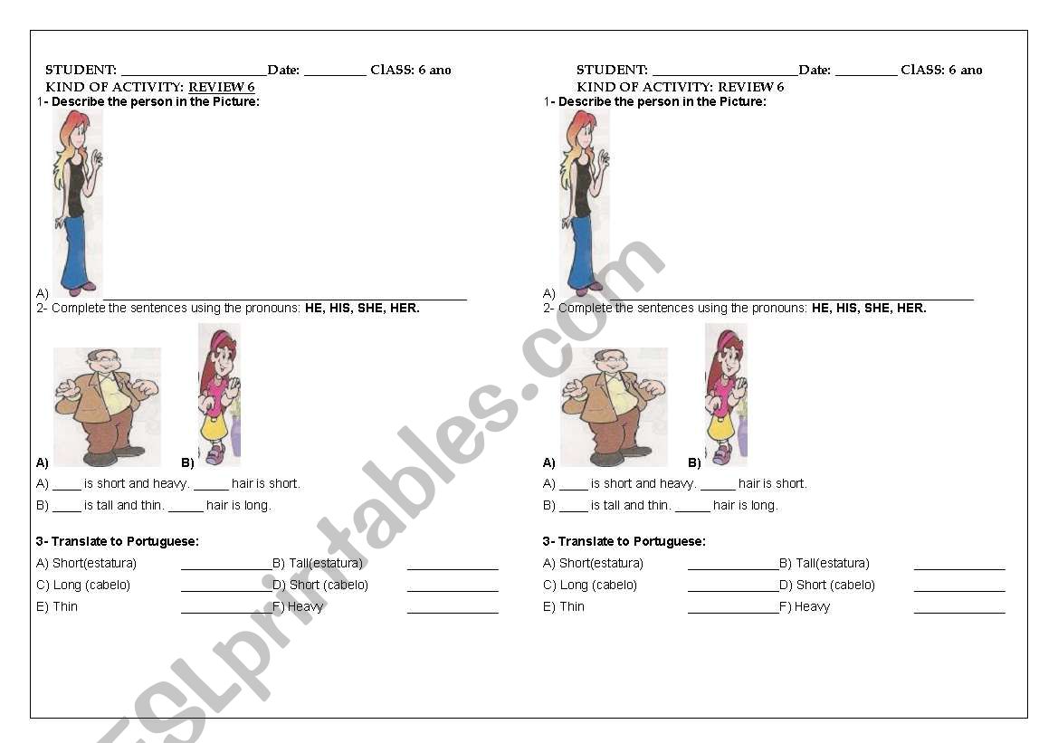 REVIEW 6 6TH GRADE, DESCRIBING PEOPLE, PRONOUNS HE, HIS, SHE, HER