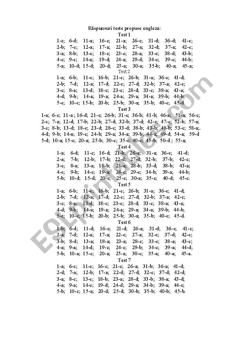 the answer sheet for test 1-7 worksheet