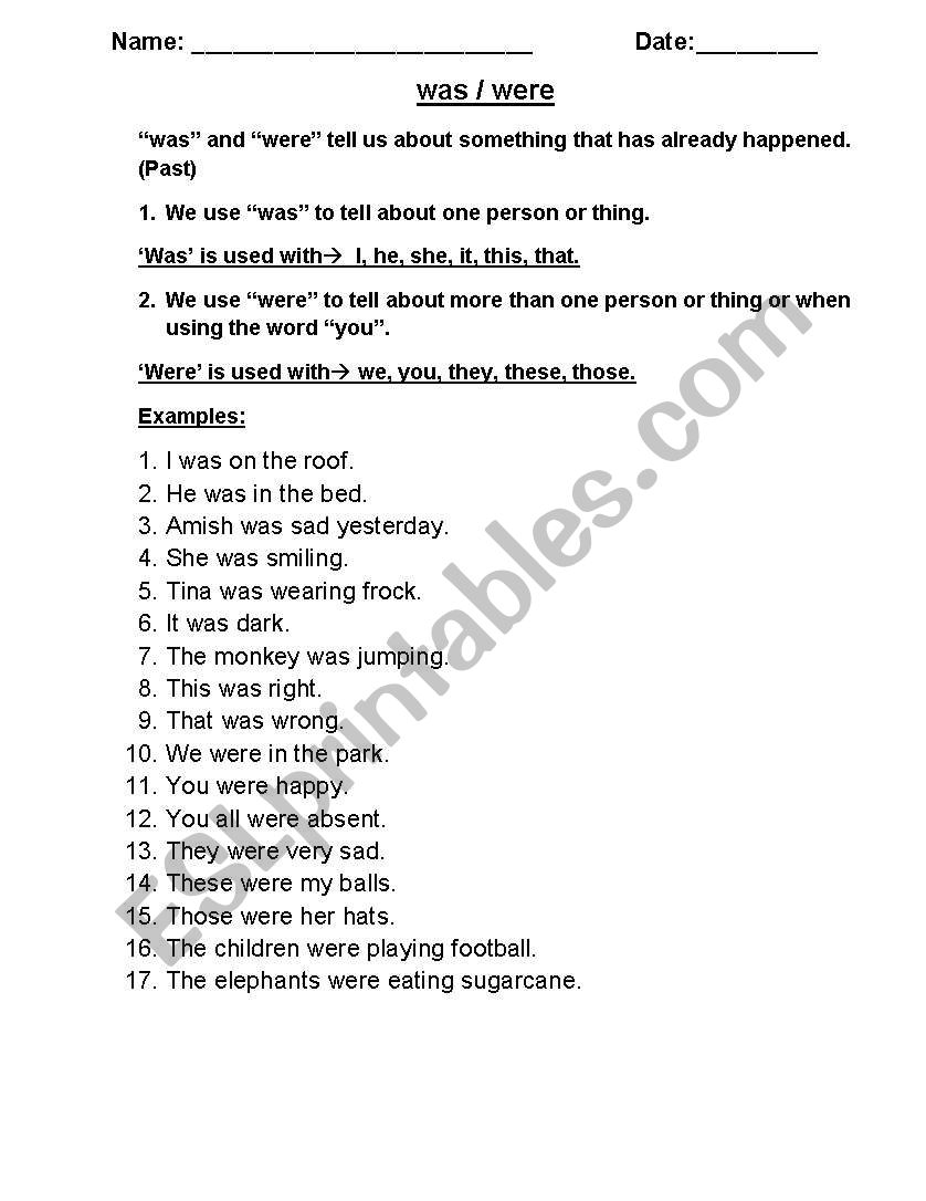 use of was were worksheet