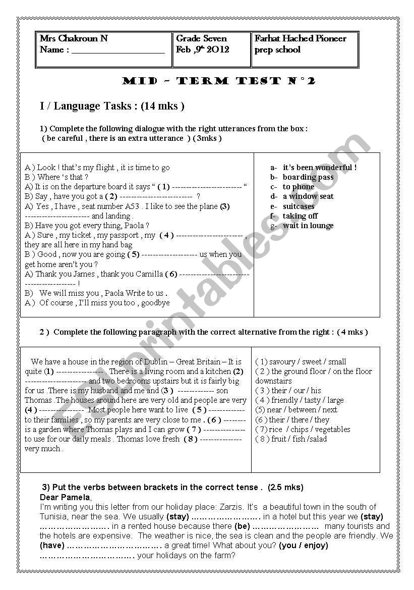 Mid term test n2  grade 7 ( Tunisian students )