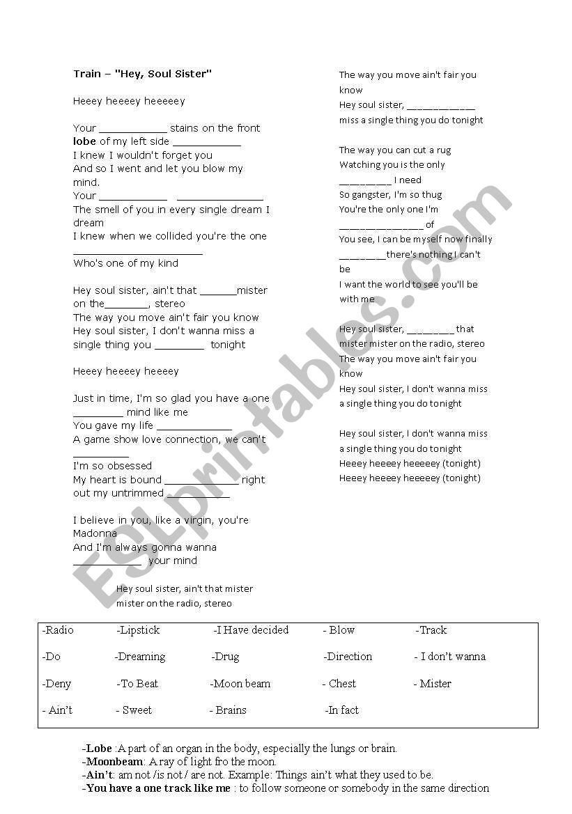 Train - Soul sister lyrics worksheet