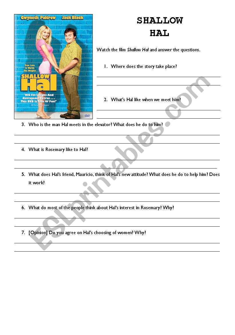 Shallow Hal worksheet worksheet