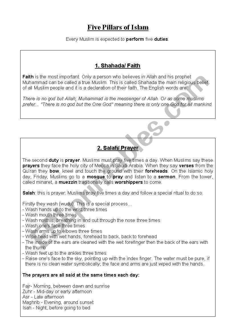 The five pillars of the islam worksheet