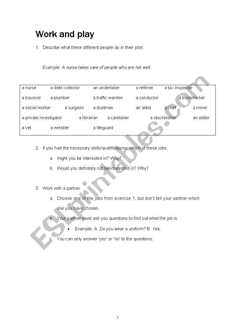 Jobs and work - vocabulary worksheet