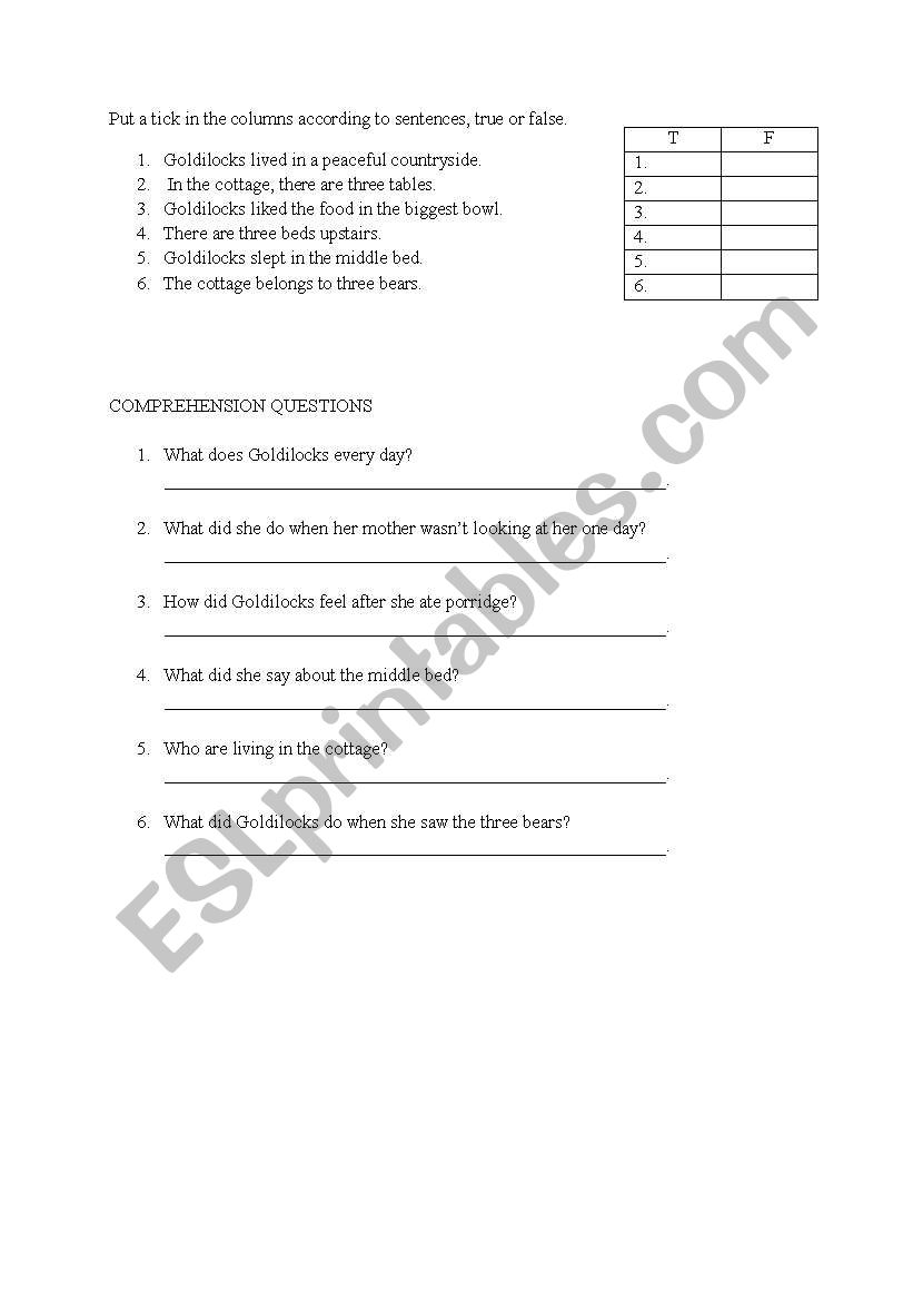 tru false activity and comprehension questions for goldilocks fairytale