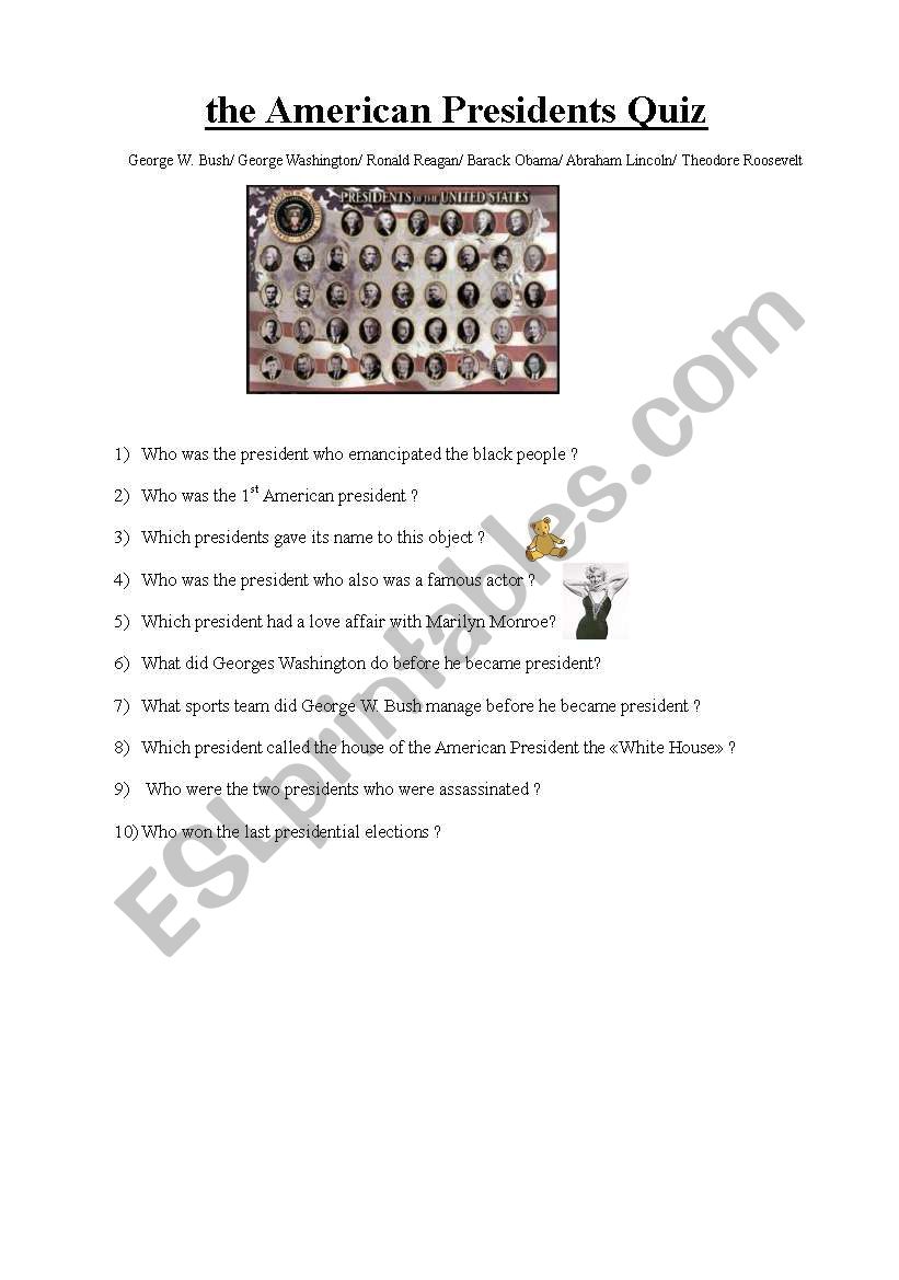 American presidents quiz worksheet