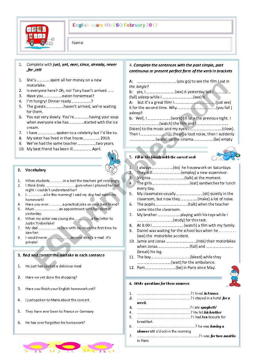 present perfect exam worksheet