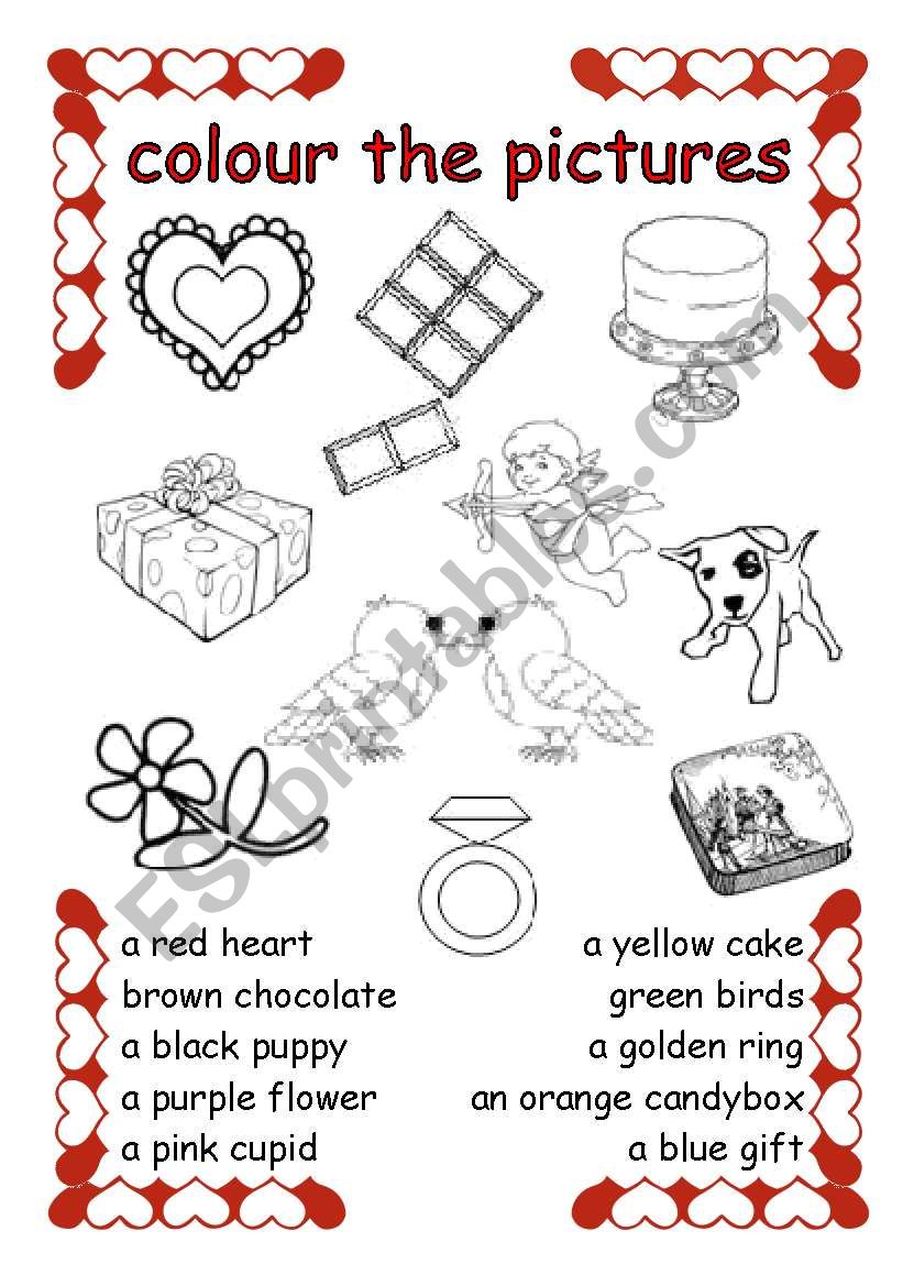 colour valentines vocabulary worksheet