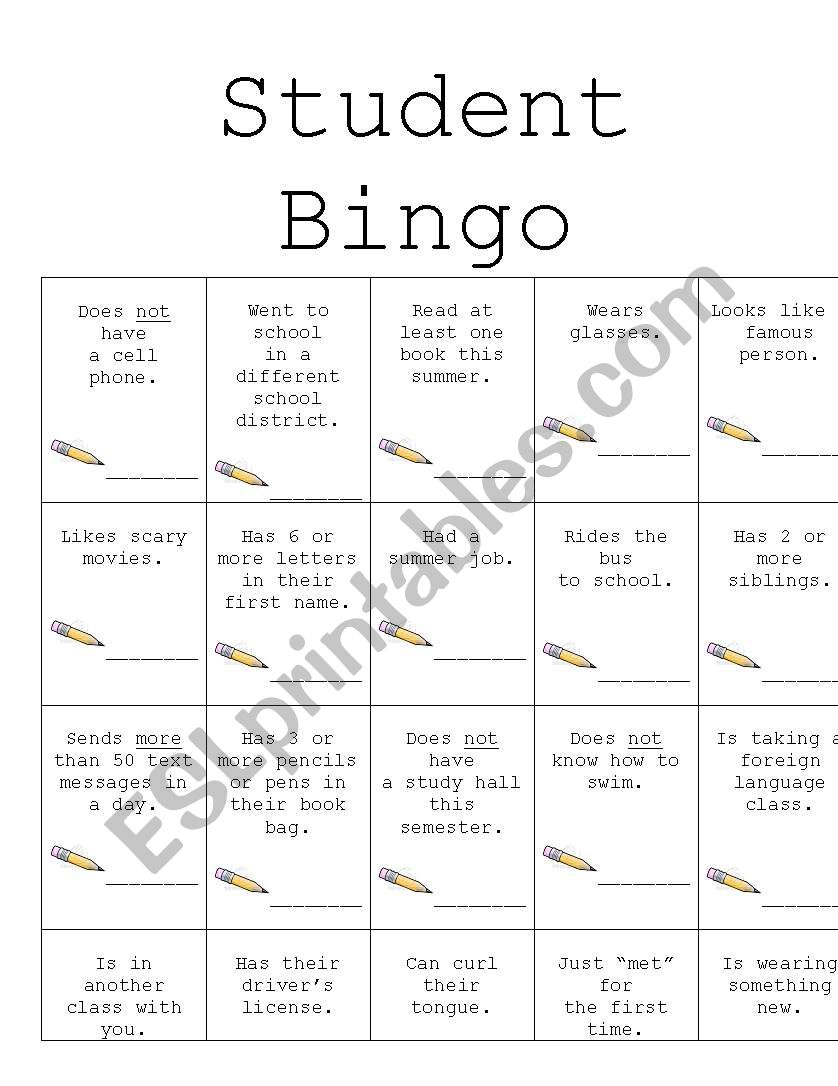 Student Bingo worksheet