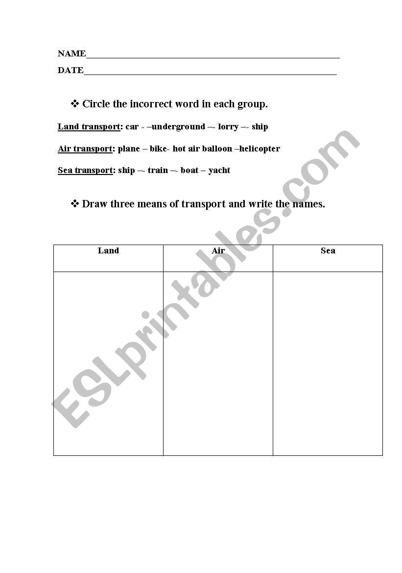 Means of transport worksheet
