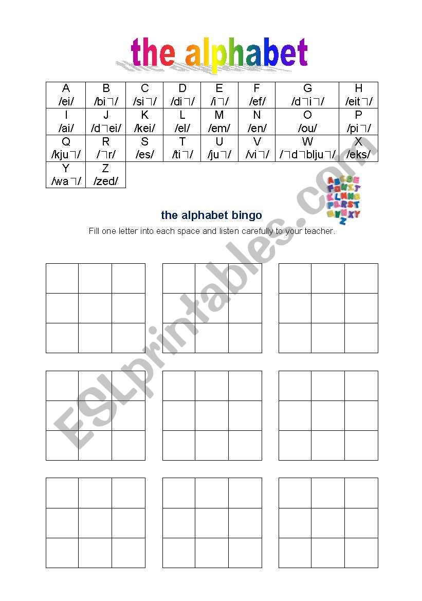 alphabet, spelling, bingo worksheet