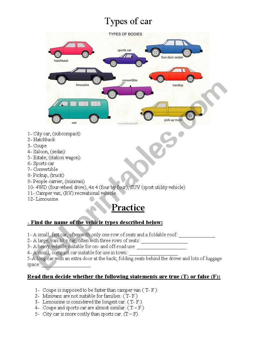 Types of car  worksheet
