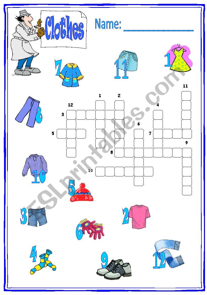 crossword clothes worksheet