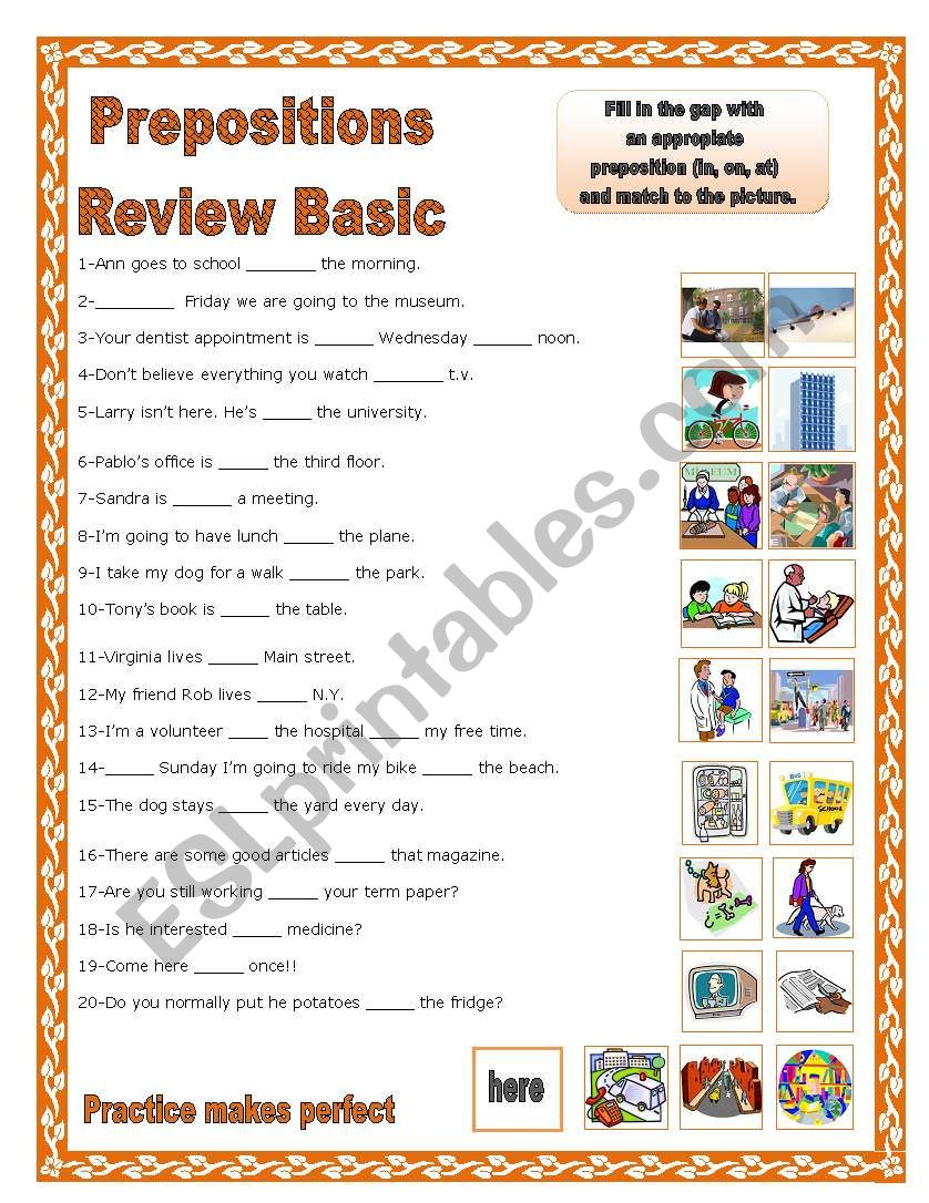 Prepositions review Basic worksheet