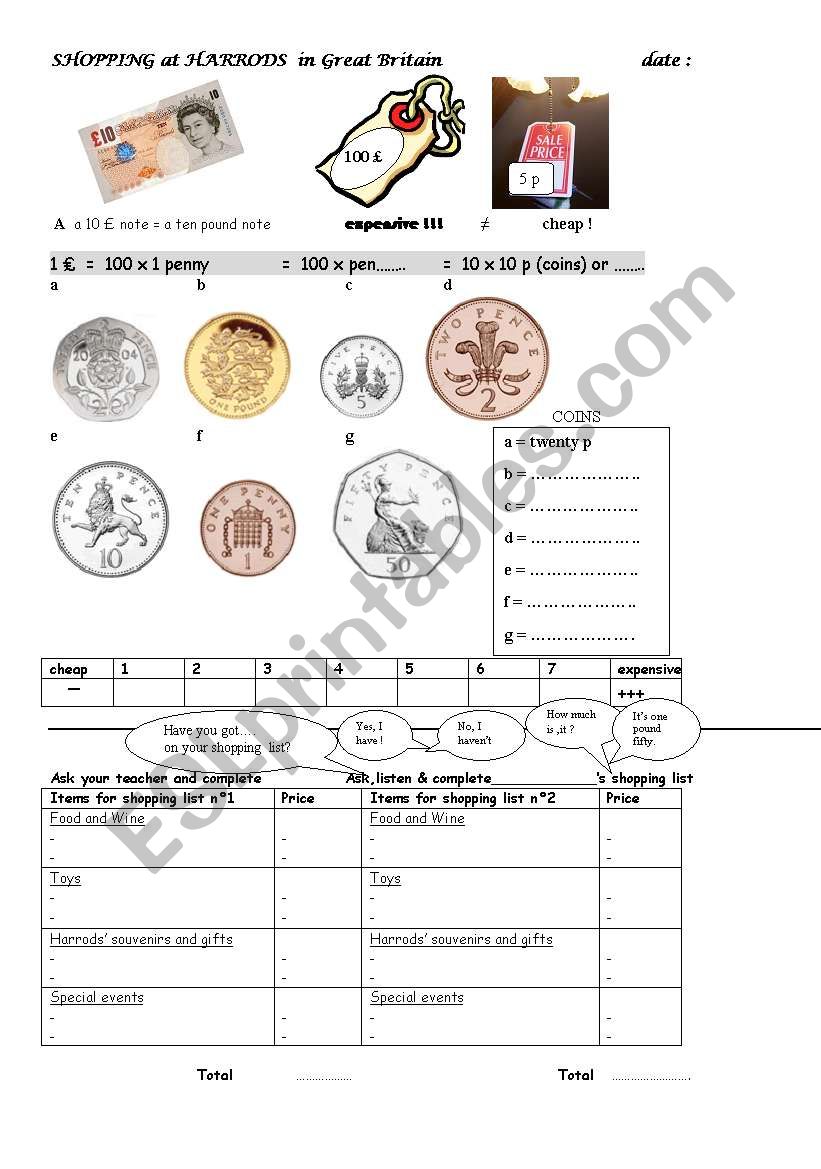 shopping at Harrods worksheet