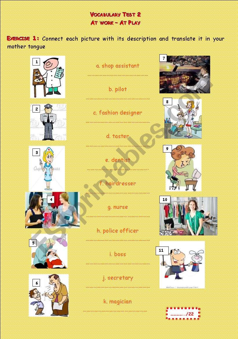 Vocabulary Test _At work - At play + KEY