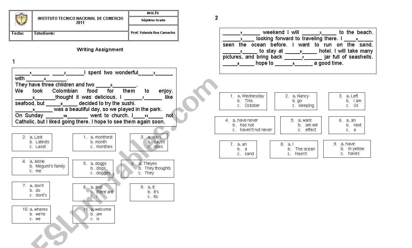 Writing assignment worksheet