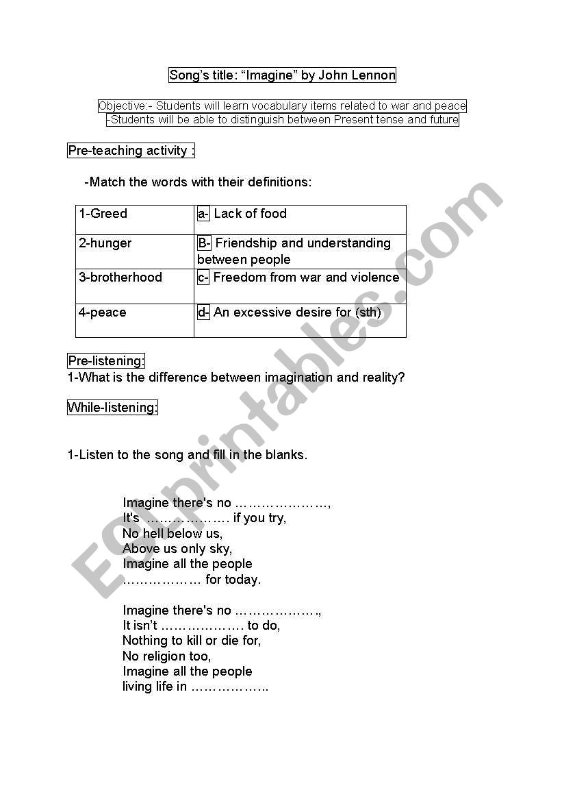 song worksheet