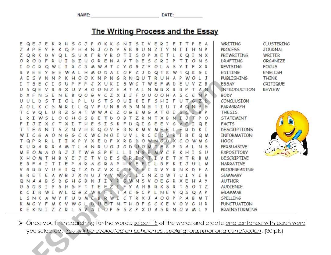 The Writing Process and the Essay Wordsearch