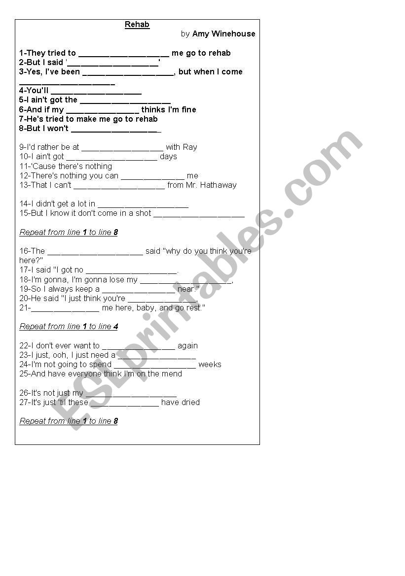 SONG- REHAB  worksheet