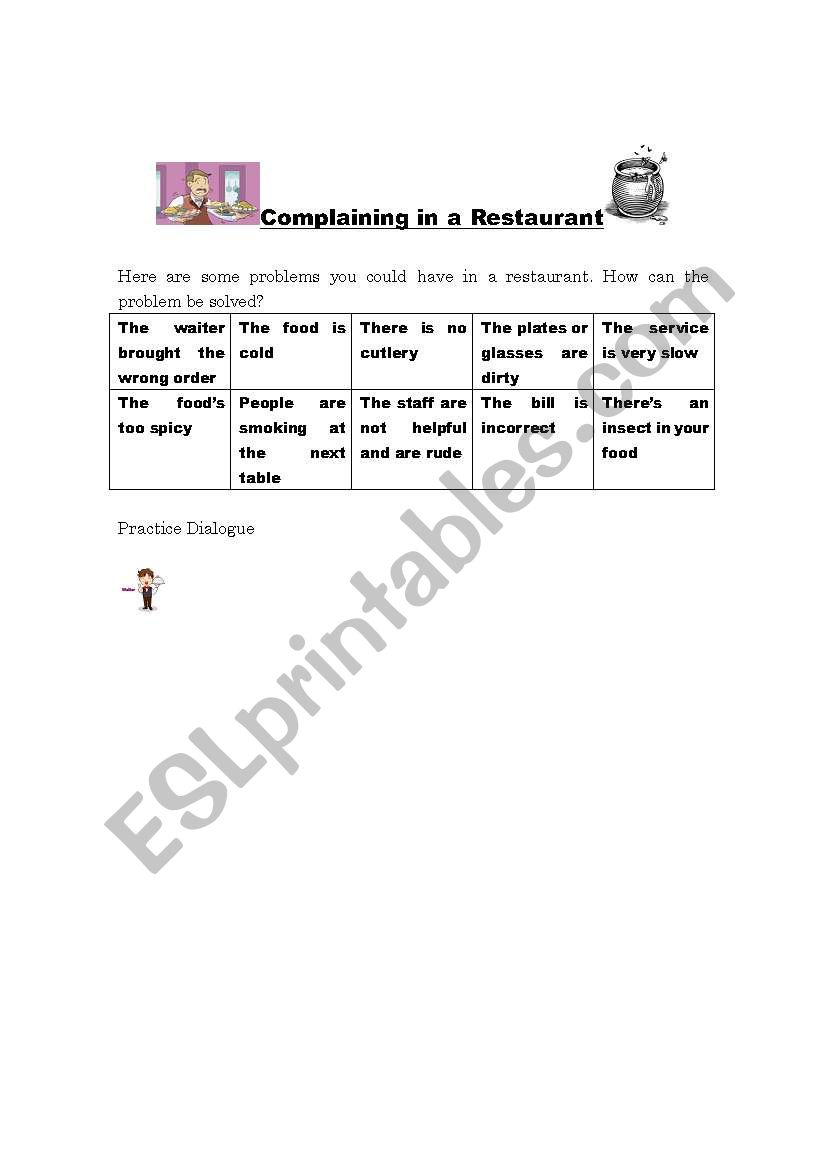 complaining in a restaurant worksheet