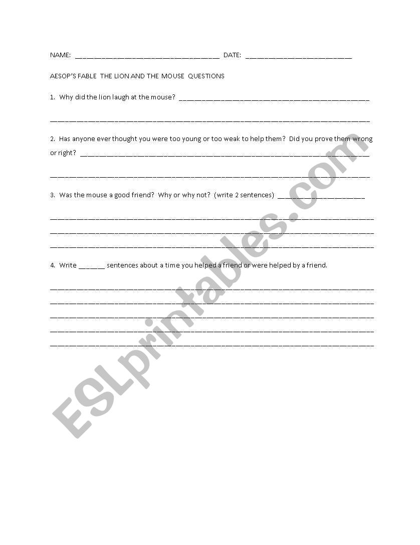 Lion and the Mouse Questions worksheet