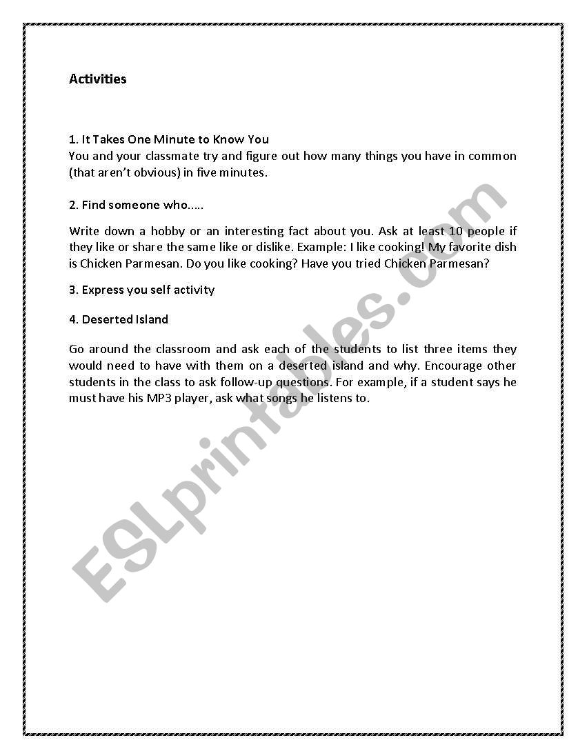 ice break activities  worksheet