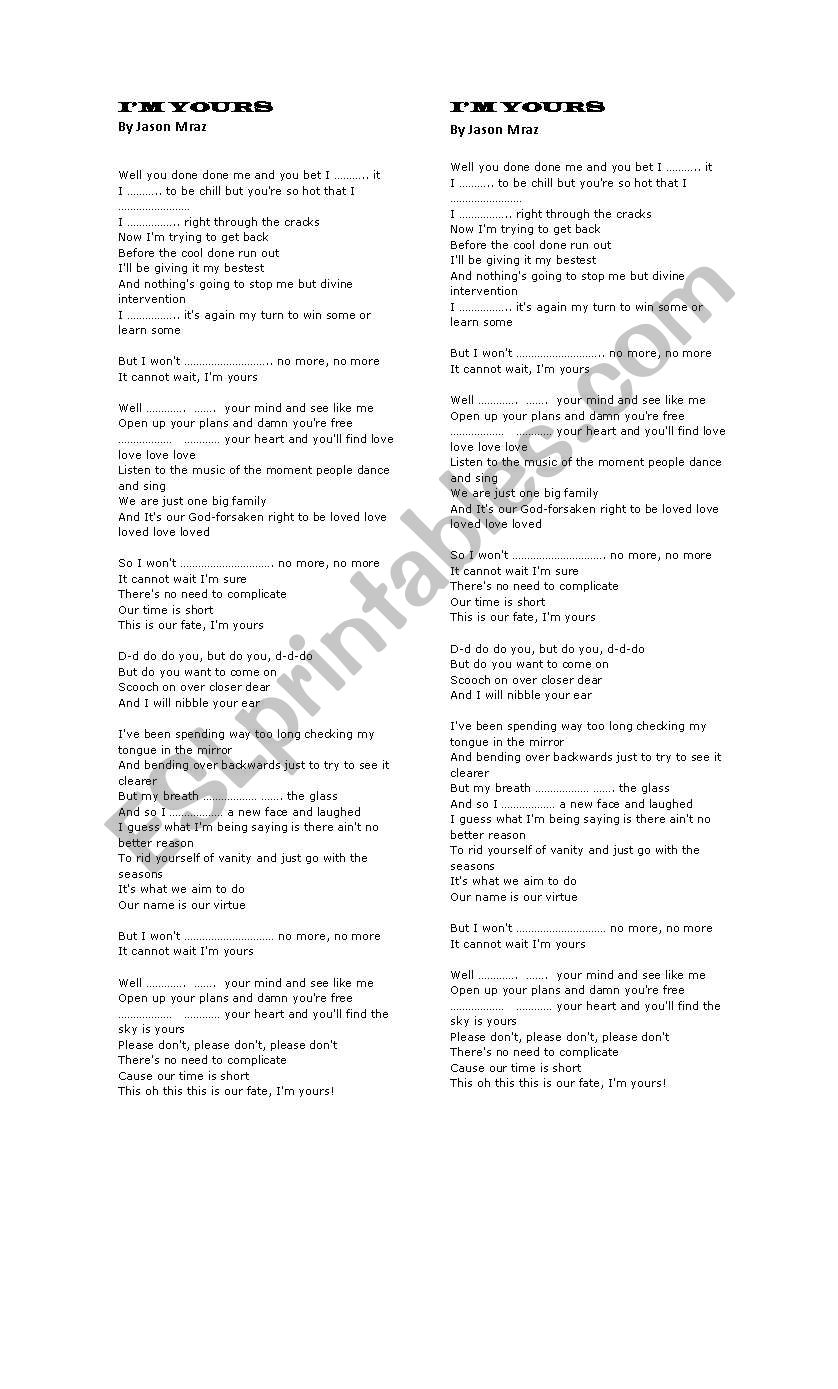 Im Yours By Jason Marz worksheet