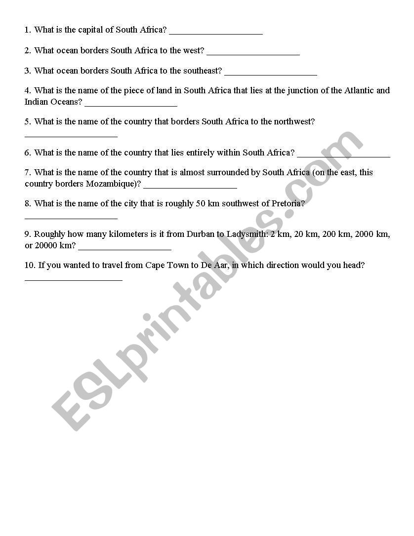 South Africa Map Quiz worksheet