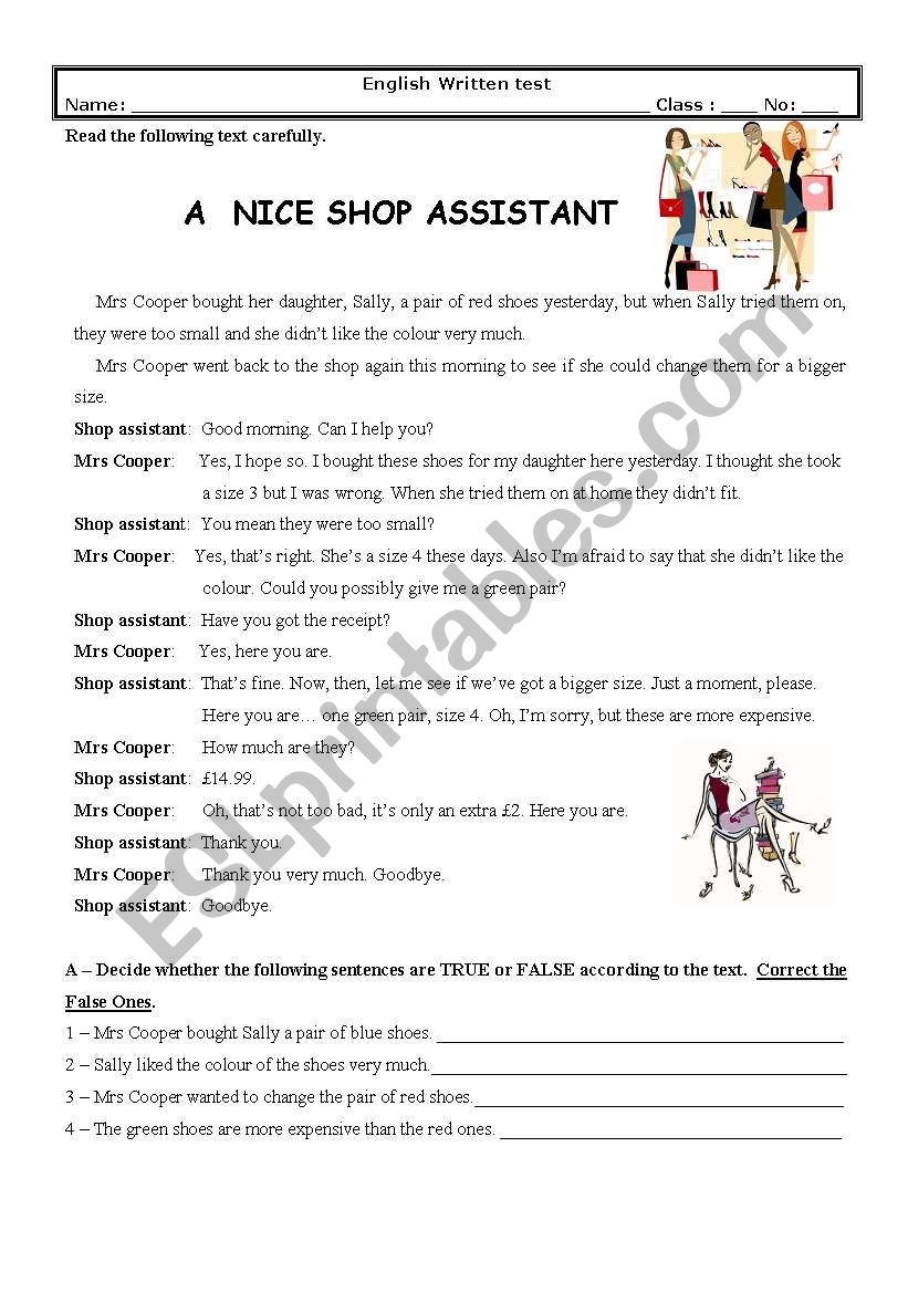 Test (7th Grade) A Nice Shop Assistant